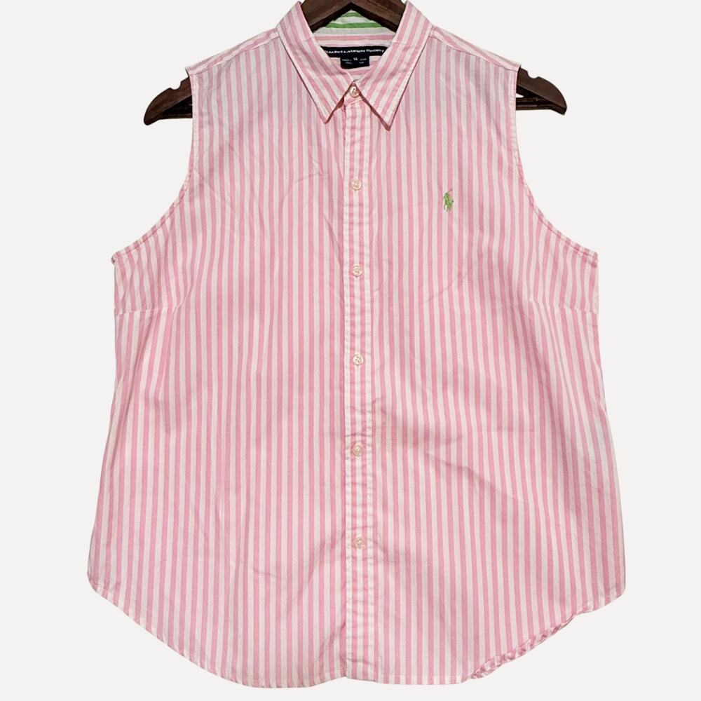 Vtg Y2K SIZE 14 Ralph Lauren Pink Stripe Sleeveless Shirt Pony Preppy Hong Kong